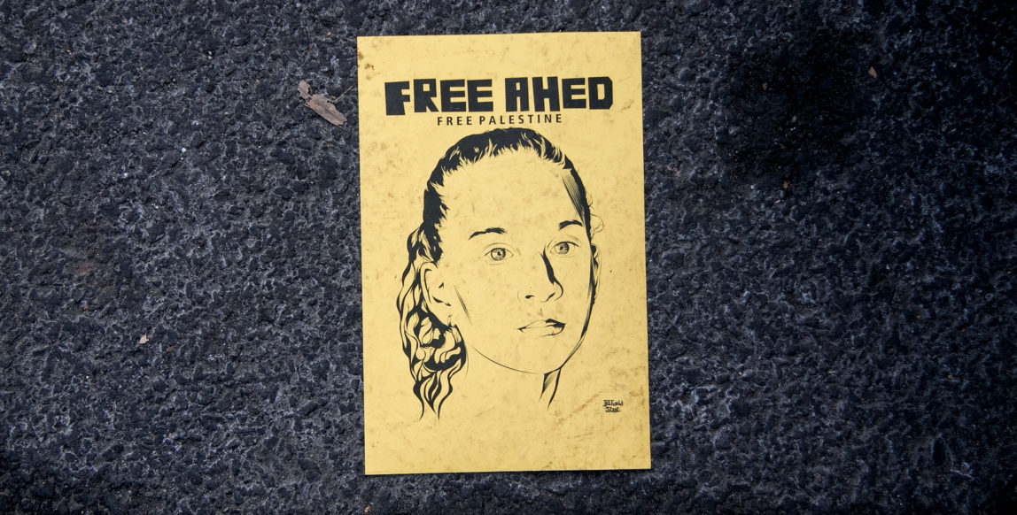 A Free Ahed Tamimi" flyer at 2018 Women's March on January 20, 2018 in New York City. (Diego Corredor/MediaPunch/IPX)