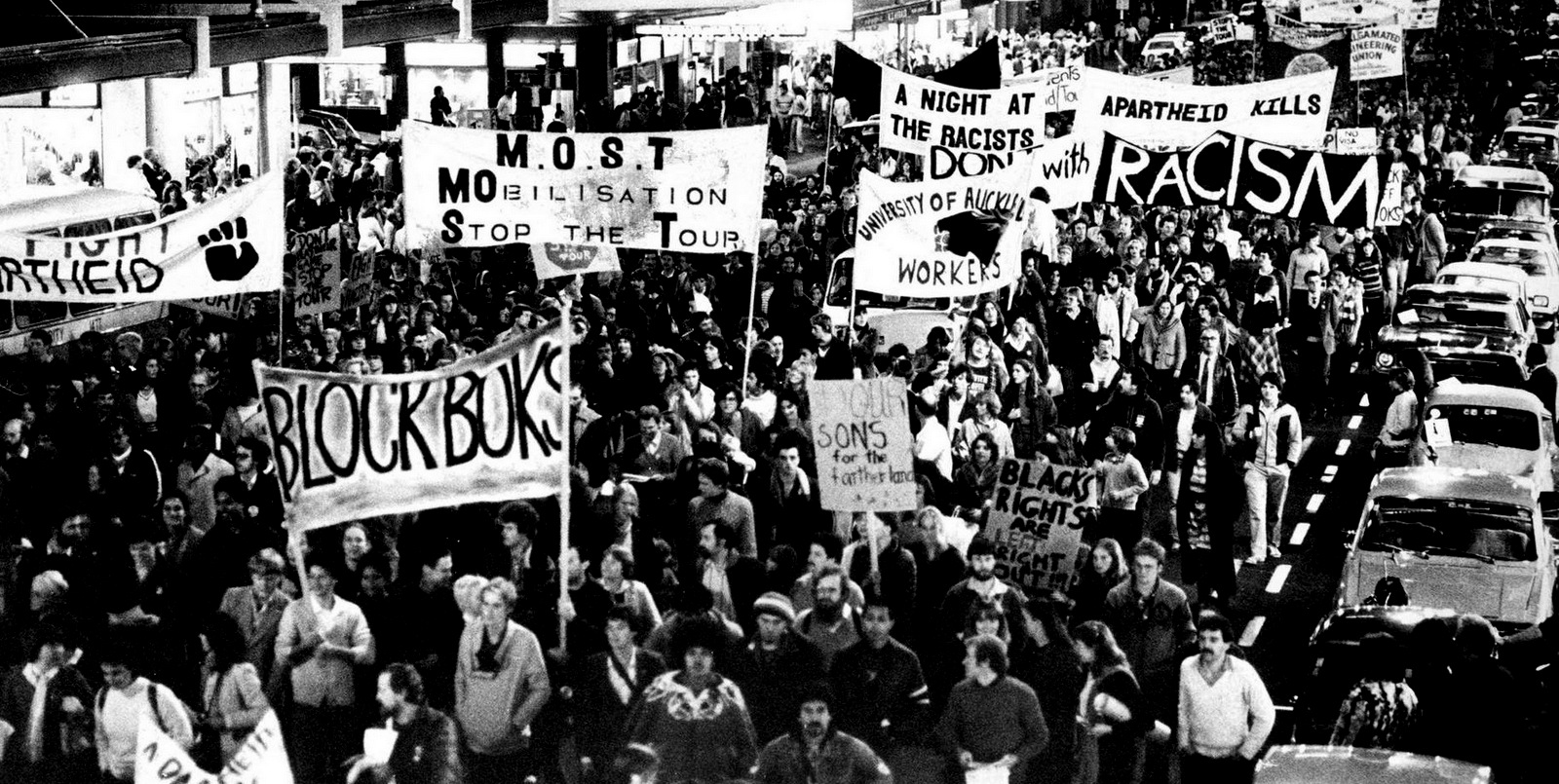 Anti-apartheid demonstrators march through Auckland, New Zealand to protest the tour of South Africa's Springbok rugby union team. The tour had proceeded, in the face of bitter opposition from critics of South Africa's system of apartheid with the sanction of the New Zealand Rugby Union and government of then Prime Minister Robert Muldoon, July 3, 1981 . (AP/New Zealand Herald)