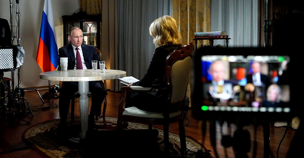 In this photo taken on Friday, March 2, 2018 and released Saturday, March 10, 2018, Russian President Vladimir Putin, left, speaks during an interview with NBC News' Megyn Kelly in Kaliningrad, Russia. (Alexei Druzhinin, Sputnik, Kremlin Pool Photo via AP)