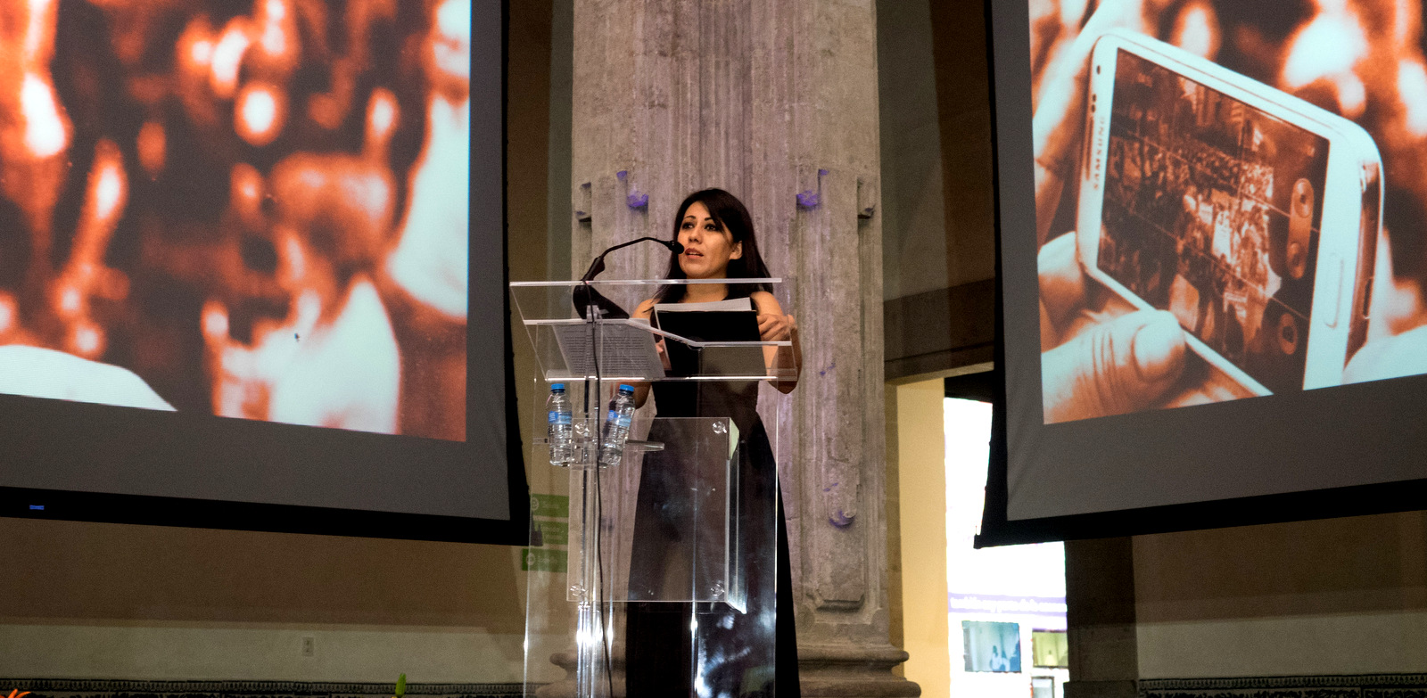 Patricia Espinosa, the sister of slain photojournalist Ruben Espinosa, details her experiences confronting Mexico's institutions in her pursuit of justice for her brother at an event held by Article 19 on the occasion of the release of its annual report, Mexico City, March 20, 2018. (José Luis Granados Ceja/MintPress News)