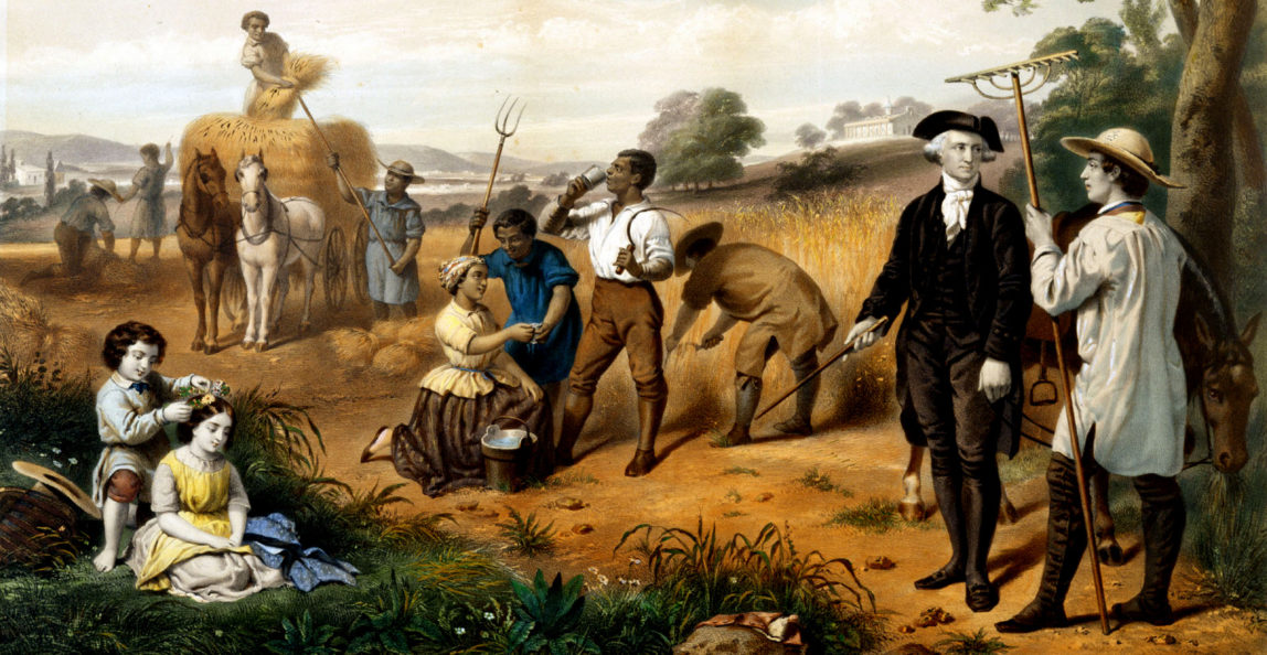 George Washington, shown here in an 1853 lithograph, oversees his slaves at Mount Vernon. (The Granger Collection, NYC)