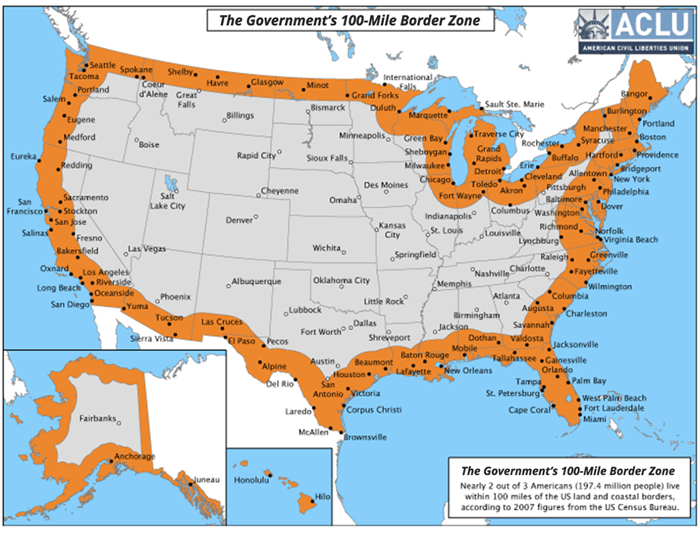 Within this 100-mile perimeter, the Border Patrol has broad authority to board and search any vehicle, bus, or vessel without a warrant and can ask occupants to prove their legal status in this country.