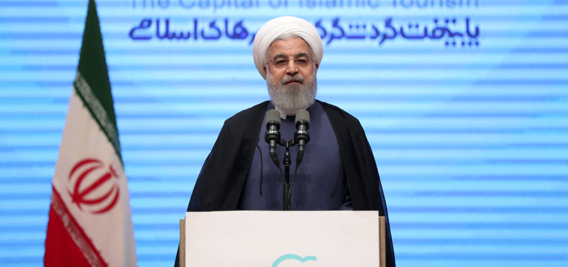 President Hassan Rouhani speaks during a conference in the northwestern city of Tabriz, Iran, April 25, 2018. (Iranian Presidency Office via AP)