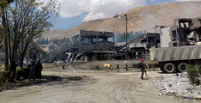 The Scientific Educational Center in the Barzah district of Damascus, Syria, the most heavily damaged target in the US' latest attack on the country.