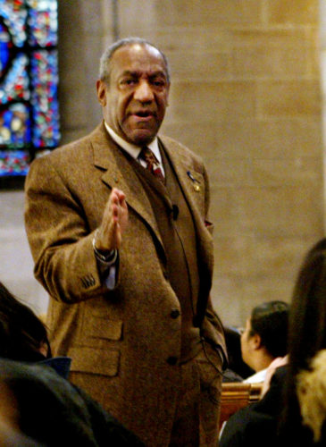 Bill Cosby speaks to students during at a tribute marking the 50th anniversary of Brown v. Board of Education at Riverside Church in Manhattan, N.Y., Monday, Feb. 2, 2004. Cosby got serious with 500 ninth-graders at a talk commemorating the U.S. Supreme Court's landmark ruling. The event was hosted by Columbia University's Teachers College, where Cosby's son Ennis was a doctoral student when he was fatally shot in 1997. (AP Photo/Bebeto Matthews)
