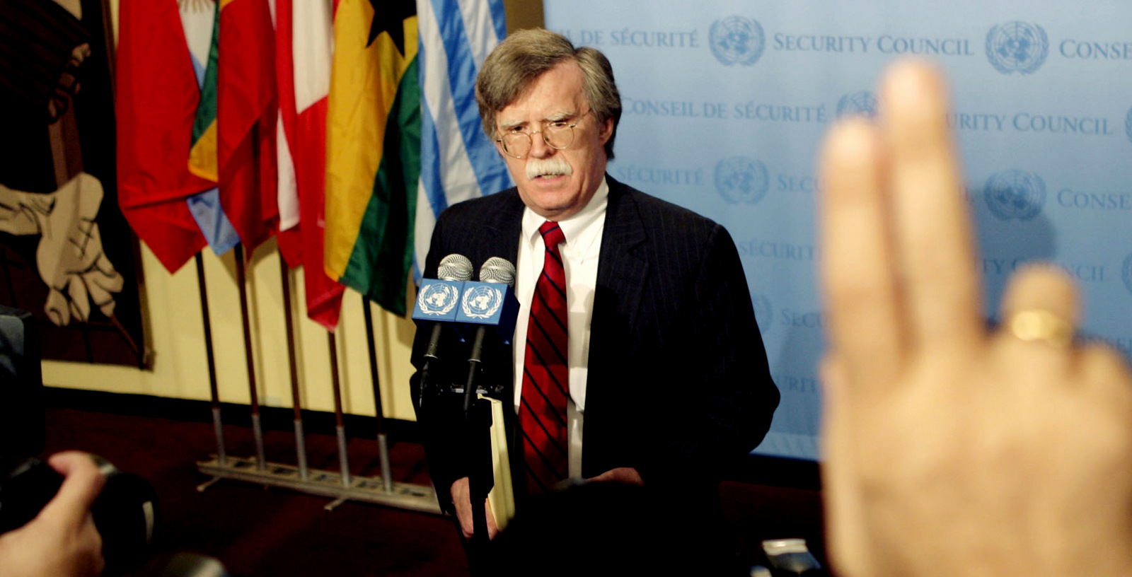 John Bolton, the U.S. ambassador to the United Nations speaks to media after a security council meeting at U.N. headquarters, Monday, Oct. 9, 2006. The Security Council voted to recommend Ban Ki-moon, Foreign Minister of South Korea, as the next Secretary-General of the U.N. (AP Photo/Seth Wenig)