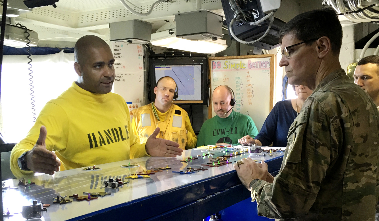 Gen. Joseph Votel, the top U.S. commander for the Middle East, right, gets a briefing on the USS Nimitz, from Lt. Cmdr. Vern Jensen, the aircraft handling officer for the ship, Aug. 24, 2017. The Nimitz is in the Persian Gulf, and fighter jets are flying off the aircraft to conduct strikes in Iraq and Syria. (AP/Lolita Baldor)