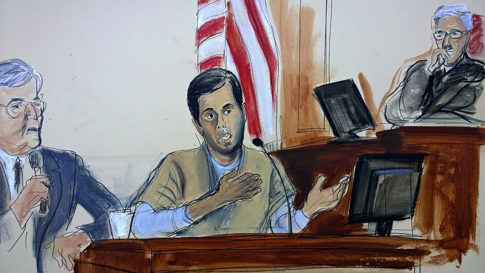 In this courtroom sketch, Turkish gold trader Reza Zarrab, testifies before Judge Richard Berman, right, that he helped Iran evade U.S. economic sanctions with help from Turkish banker Mehmet Hakan Atilla, Nov. 29, 2017, in New York. (Elizabeth Williams via AP)