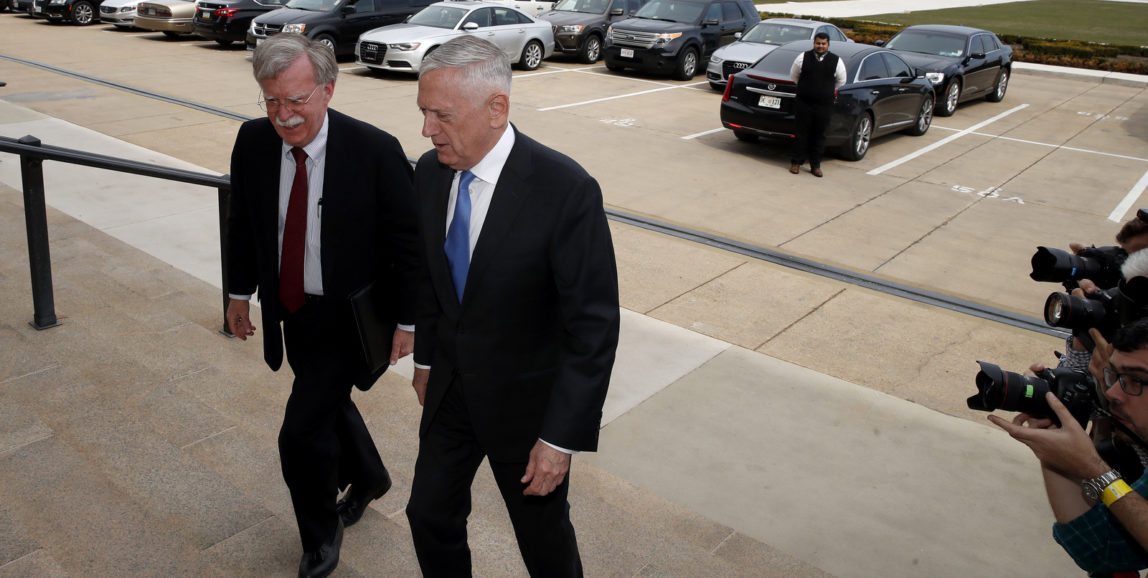 President Donald Trump's pick for national security adviser John Bolton, left, walks up the steps with Defense Secretary Jim Mattis, as Bolton arrives at the Pentagon, Thursday, March 29, 2018, in Washington. (AP Photo/Alex Brandon)