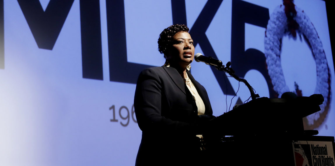 Rev. Bernice King, daughter of the late civil rights leader Rev. Martin Luther King Jr., speaks at the National Civil Rights Museum, April 2, 2018, in Memphis, Tenn. The museum was formerly the Lorraine Motel, where Rev. Martin Luther King Jr. was assassinated April 4, 1968. (AP/Mark Humphrey)
