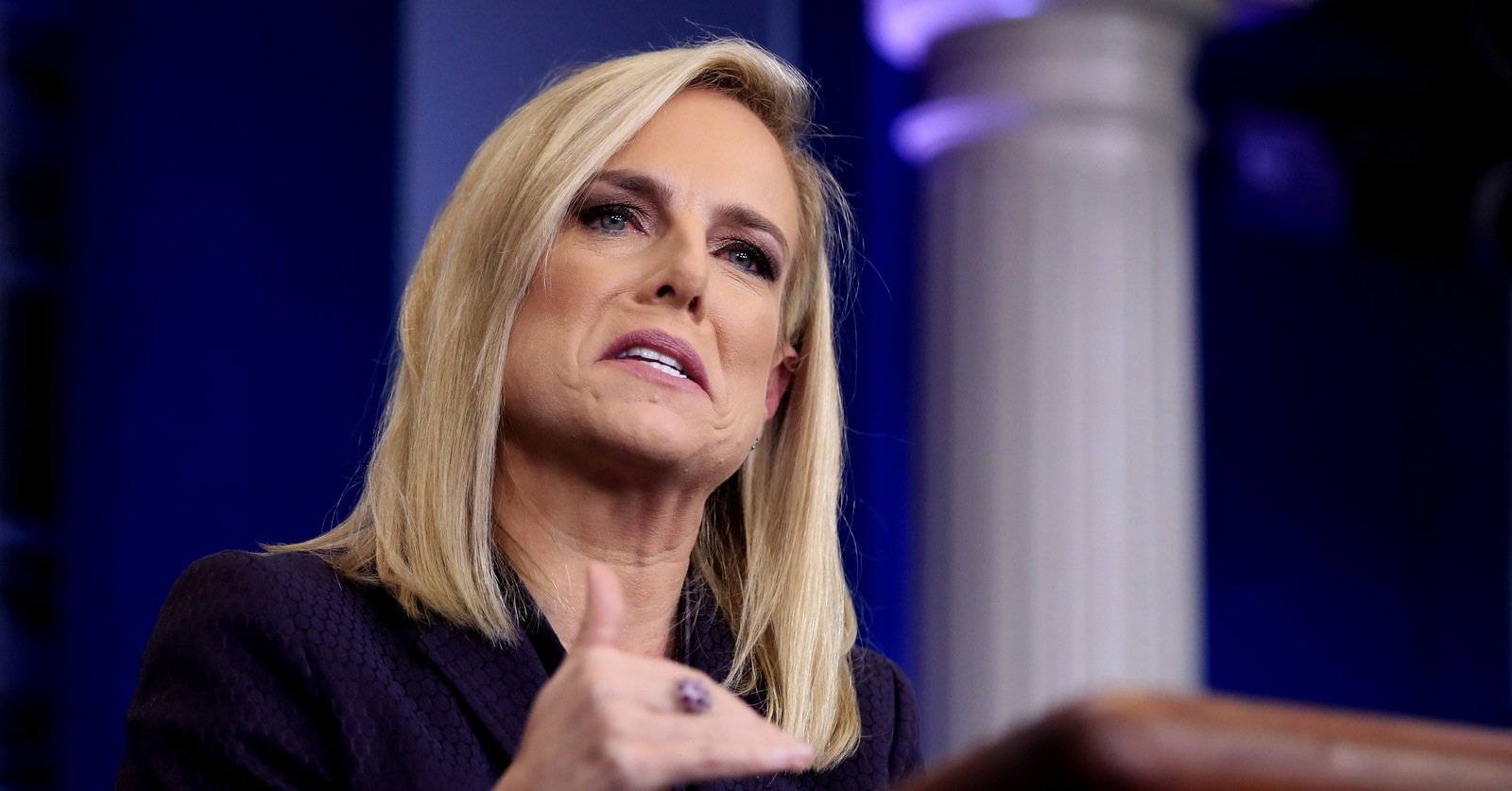 Homeland Security Secretary Kirstjen Nielsen, talks to reporters during the daily press briefing in the Brady press briefing room at the White House, in Washington, Wednesday, April 4, 2018. (AP Photo/Manuel Balce Ceneta)