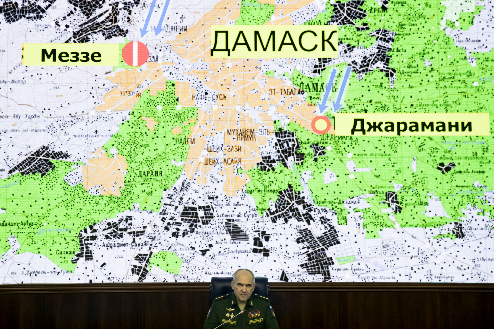 Col. Gen. Sergei Rudskoi of the military's General Staff speaks during a briefing at the Russian Defense Ministry in Moscow, Russia, Saturday, April 14, 2018. (AP/Pavel Golovkin)