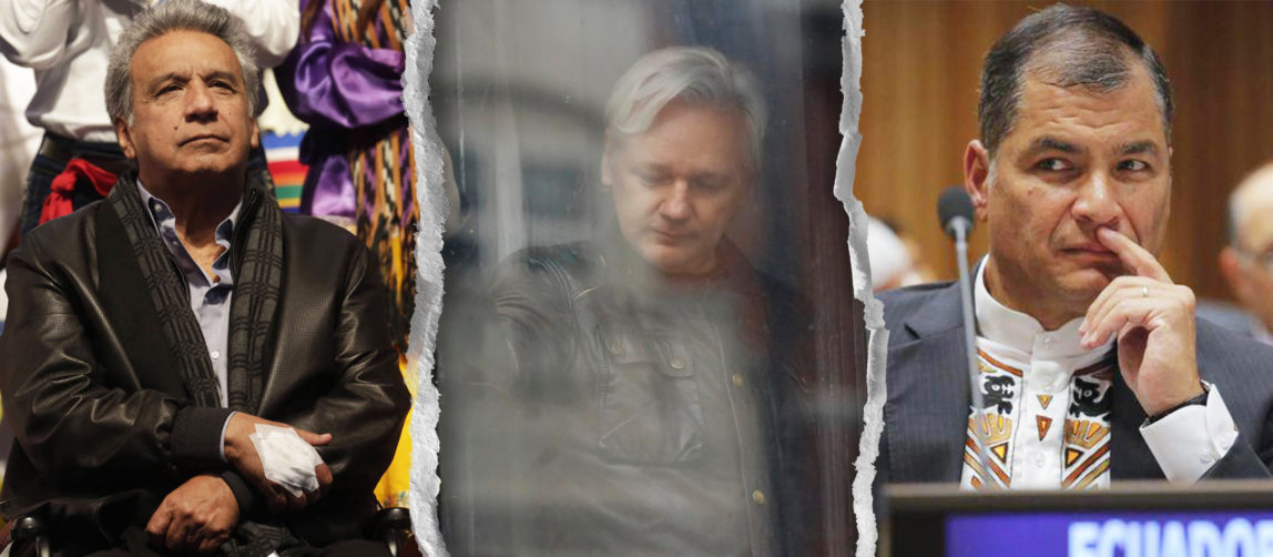 Left to right: Ecuadorian President Lenin Moreno, Julian Assange, and Rafael Correa (AP photos, MPN Photo Illustration)
