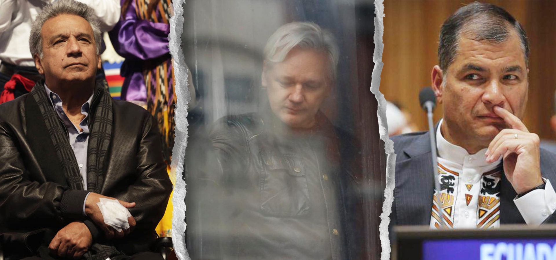 Left to right: Ecuadorian President Lenin Moreno, Julian Assange, and Rafael Correa (AP photos, MPN Photo Illustration)