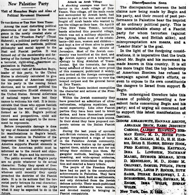 Albert Einstein, and other Jewish intellectuals, letter to The New York Times. on Israel's march towards fascism, December 4, 1948.