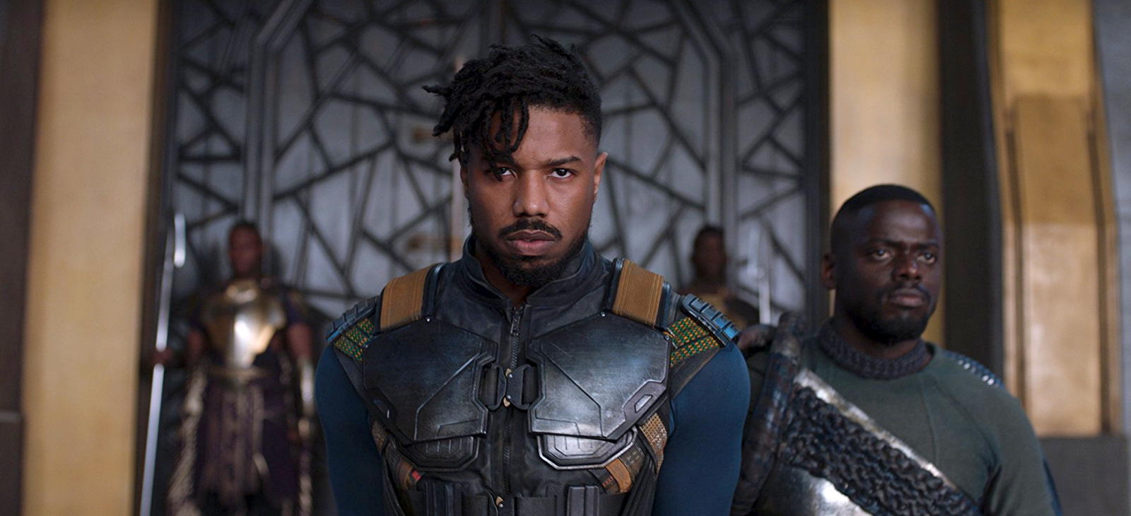 A screenshot from the film, Black Panther depicting Erik Killmonger, played by Michael B. Jordan.