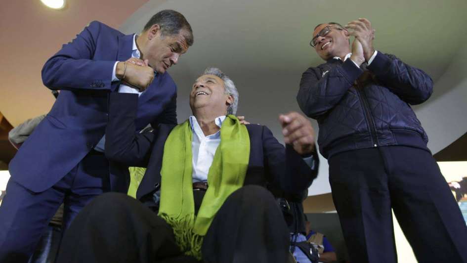 Happier times: Ecuador's then-President Rafael Correa, left; President-elect Lenin Moreno, center; and then-Vice President elect Jorge Glas pose for a photo at the end of Election Day in Quito, Ecuador, April 2, 2017. (AP/Dolores Ochoa)