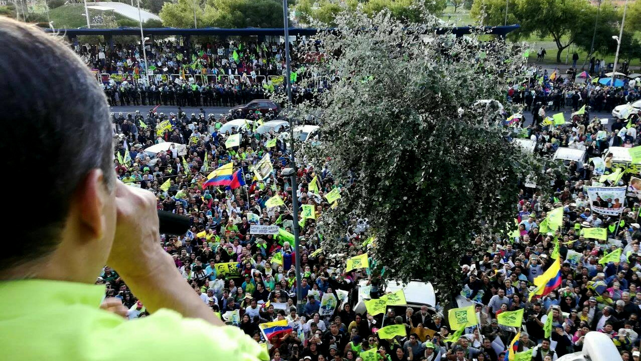 Former Ecuadorian President Rafael Correa speaks to supporters at his party's headquarters in Quito, Ecuador, Tuesday, Nov. 28, 2017, a few days after his return to Ecuador. Correa lives in Belgium where his wife is from, and had repeatedly said that he would come out of political retirement only if the social gains of what he calls his Citizens' Revolution were threatened. Photo: (Gabriela Rivadeneira/Twitter)