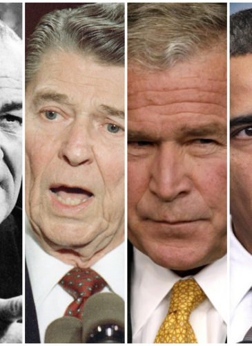 From left to right, Presidents McKinley, Johnson, Reagan, Bush, Obama and Trump | Composite image - all photos Creative Commons