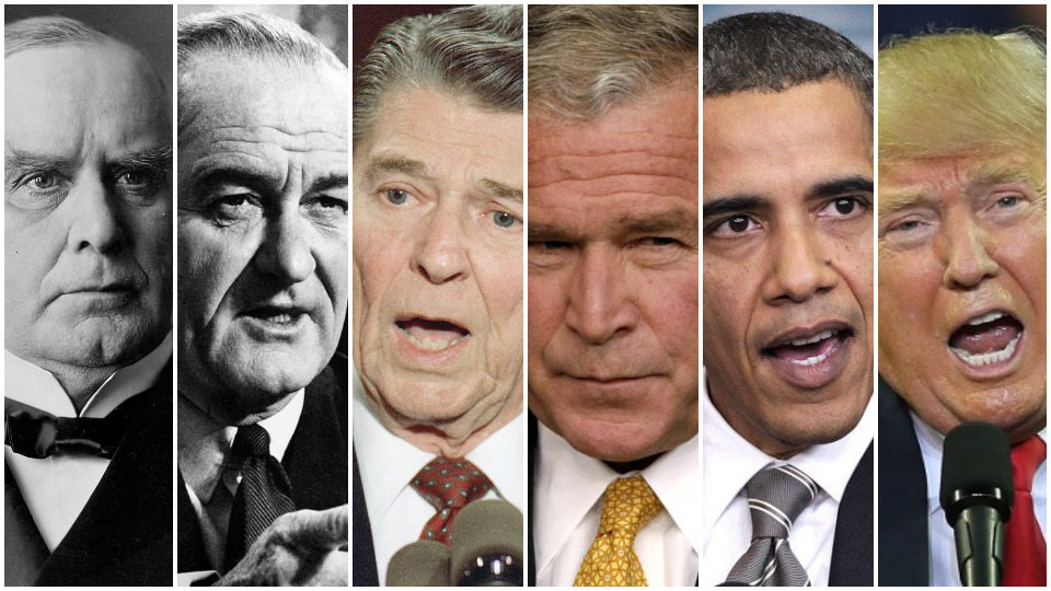 From left to right, Presidents McKinley, Johnson, Reagan, Bush, Obama and Trump | Composite image - all photos Creative Commons
