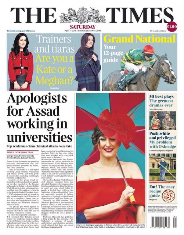 Times front page, April 14, 2018.