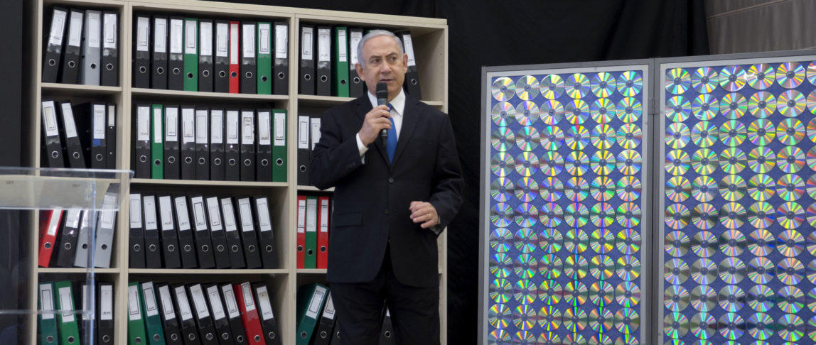 Israeli Prime Minister Benjamin Netanyahu presents material he claims comes from on Iranian nuclear weapons development during a press conference in in Tel Aviv, Israel, April 30, 2018. (AP/Sebastian Scheiner)