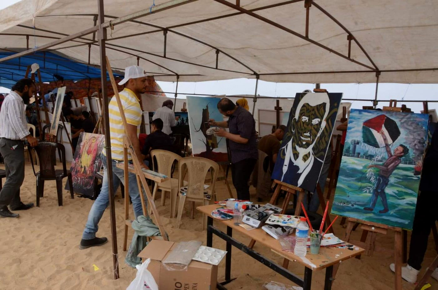 A view inside in the art protest tent near the Great Return March protests on the Gaza border. (Photo: Karim Naser)
