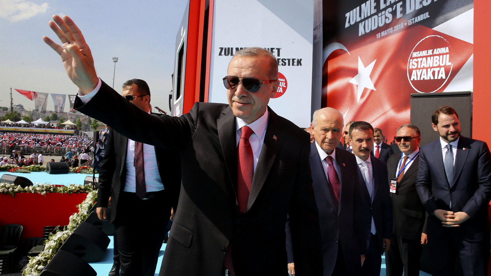 Turkish President Recep Tayyip Erdogan salutes a rally in solidarity with Palestinians in Istanbul, Turkey, May 18, 2018. Photo | Presidential Press Service