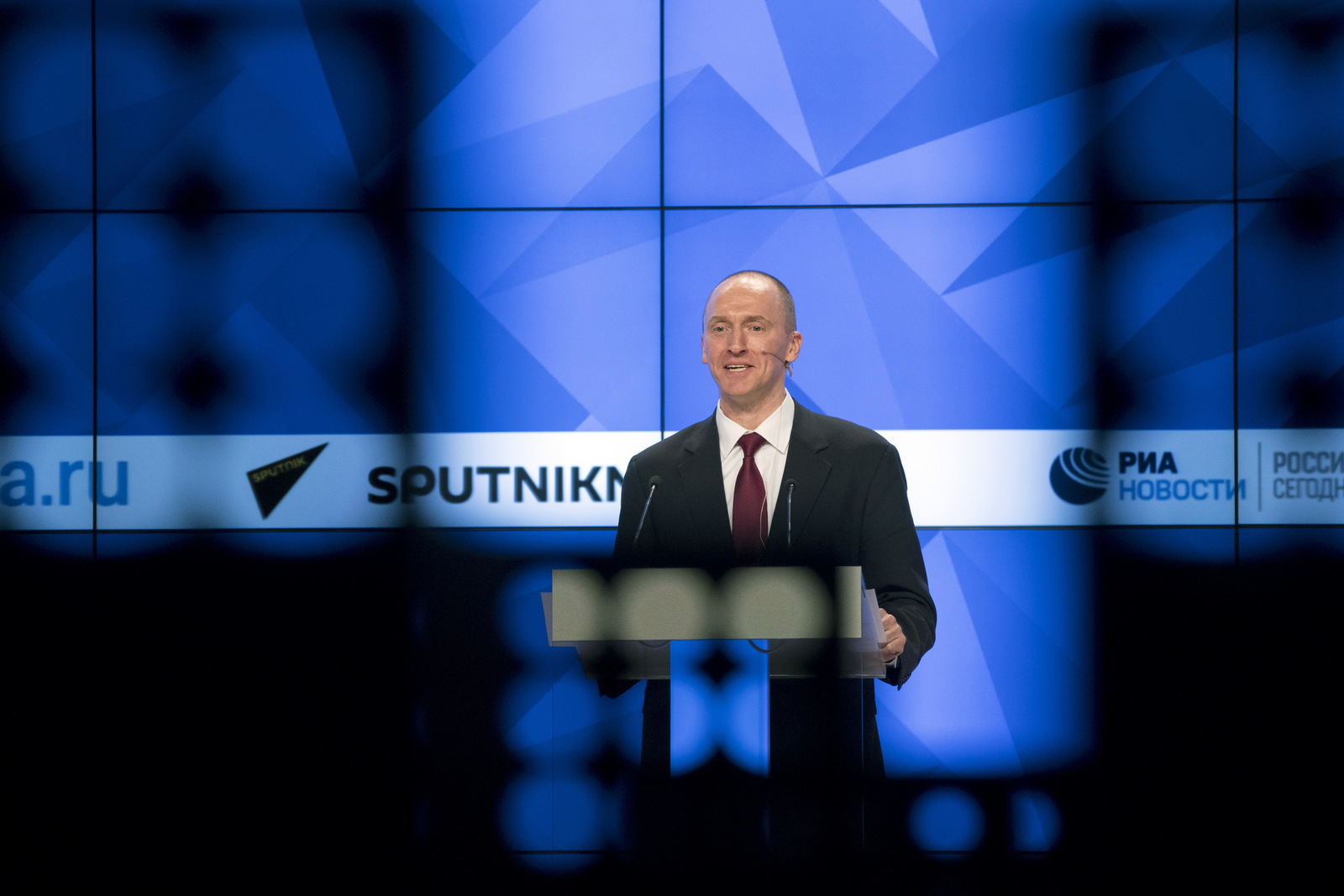 Carter Page speaks at a news conference in Moscow, Russia, Dec. 12, 2016. Pavel Golovkin | AP