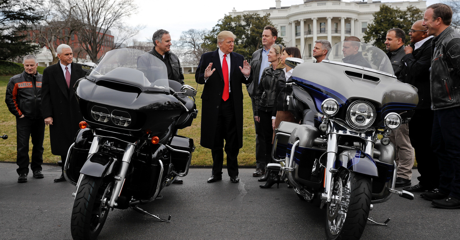 President Donald Trump and Vice President Mike Pence meet with Harley Davidson executives and Union Representatives on the South Lawn of the White House in Washington, Feb. 2, 2017. AP | Pablo Martinez Monsivais