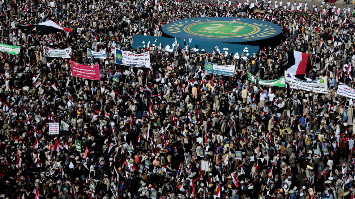 Supporters of Yemen's Houthi Shias attend a rally to mark the third anniversary of the Yemen's revolution in Sanaa, Sept. 21, 2017. Abdel-Malek al-Houthi, the leader of Yemen's Houthis, accused the U.S., Saudi Arabia and the UAE of seeking to divide Yemen. (AP/Hani Mohammed)