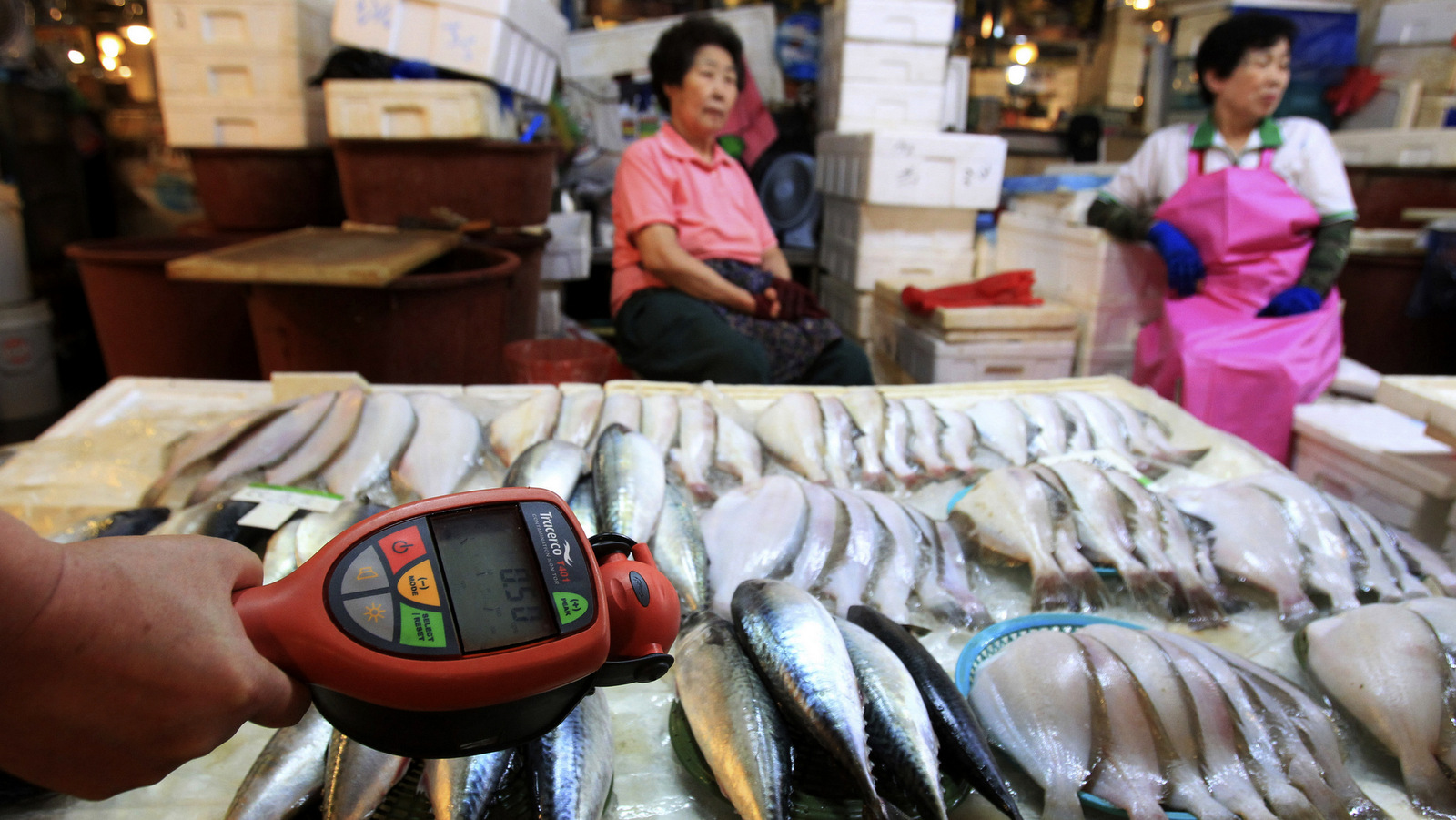 A worker uses a Geiger counter to check for possible radioactive contamination at Noryangjin Fisheries Wholesale Market in Seoul, South Korea. South Korea is appealing a World Trade Organization's decision against Seoul's import bans on Japanese fishery products imposed in the wake of Fukushima. (AP/Ahn Young-joon)