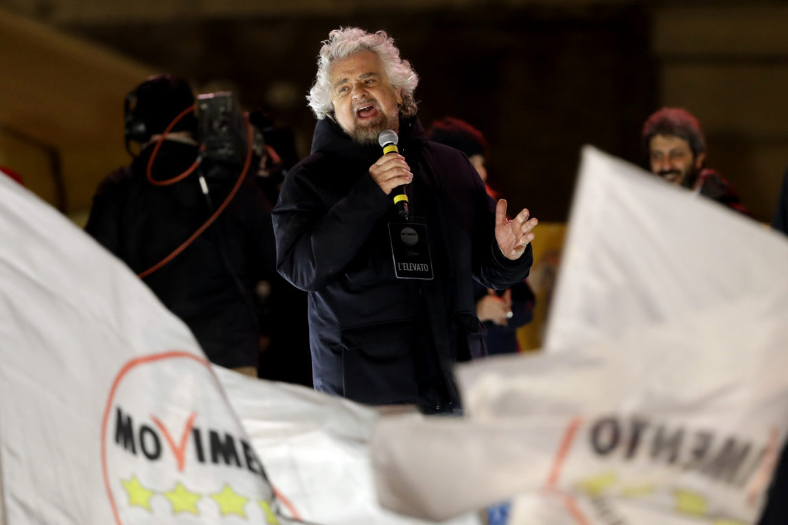 Five-Star Movement (M5S) founder Beppe Grillo, attends his party's rally in Rome, March 2, 2018. Andrew Medichini | AP