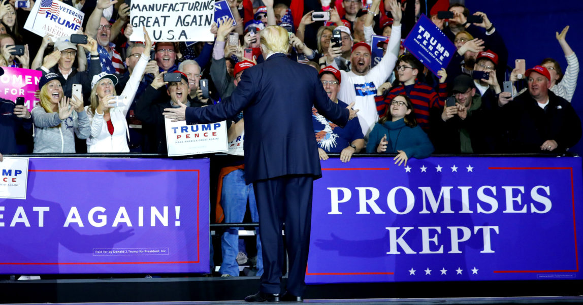 President Donald Trump stops to look at supporters as he introduced at a rally at Total Sports Park, April 28, 2018, in Washington, Mich. AP | Pablo Martinez Monsivais