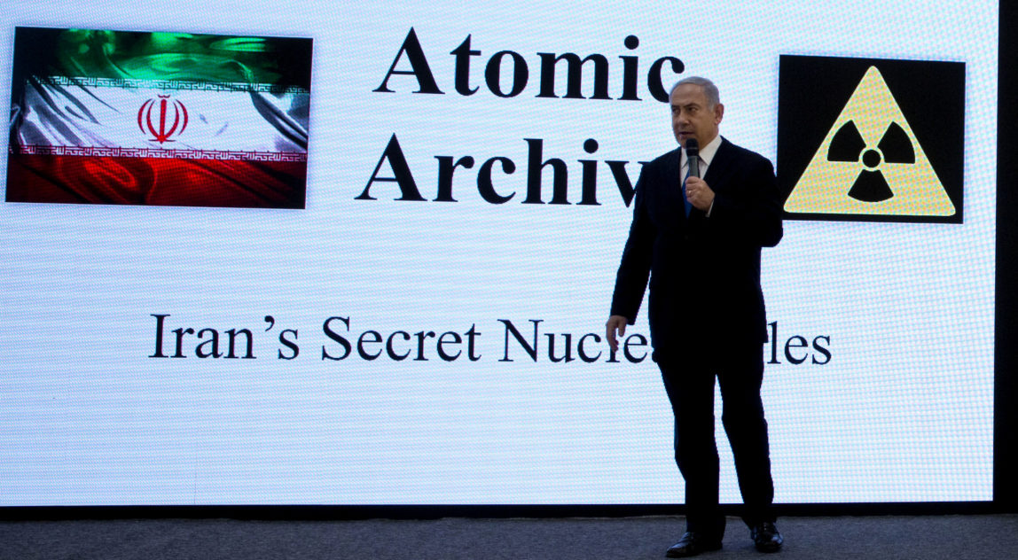 Israeli Prime Minister Benjamin Netanyahu presents material he claims comes from on Iranian nuclear weapons development during a press conference in in Tel Aviv, Israel, April 30, 2018. (AP/Sebastian Scheiner)