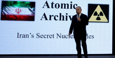 Israeli Prime Minister Benjamin Netanyahu presents material he claims comes from on Iranian nuclear weapons development during a press conference in in Tel Aviv, Israel, April 30, 2018. (AP/Sebastian Scheiner)