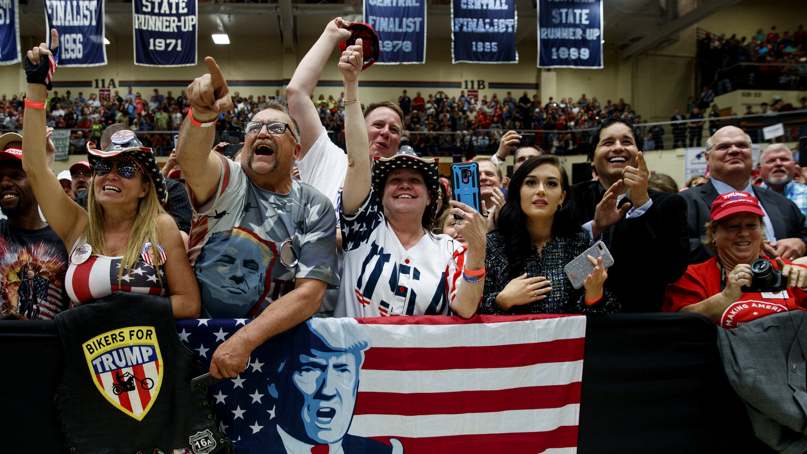 A crowd cheers as Vice President Mike Pence introduces President Donald Trump at the North Side Gymnasium in Elkhart, Ind., Thursday, May 10, 2018, during a campaign rally. (AP/Carolyn Kaster)