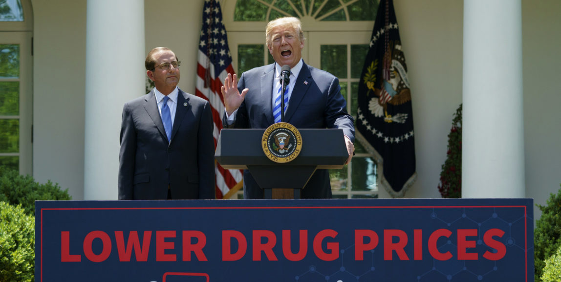 President Donald Trump speaks during an event about prescription drug prices with Health and Human Services Secretary Alex Azar in the Rose Garden of the White House in Washington, Friday, May 11, 2018. (AP Photo/Carolyn Kaster)