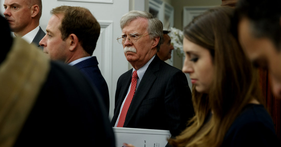 National Security Adviser John Bolton listens during a meeting between President Donald Trump and Uzbek President Shavkat Mirziyoyev in the Oval Office of the White House, May 16, 2018, in Washington. (AP/Evan Vucci)