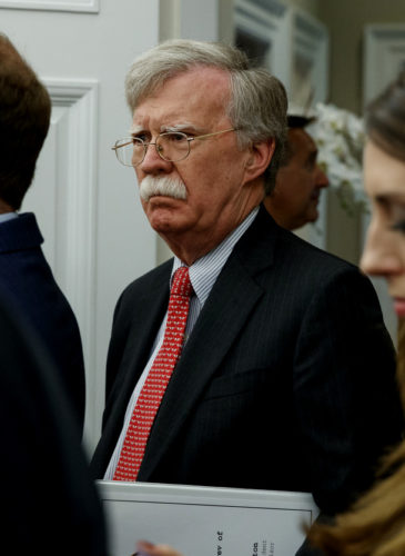 National Security Adviser John Bolton listens during a meeting between President Donald Trump and Uzbek President Shavkat Mirziyoyev in the Oval Office of the White House, May 16, 2018, in Washington. (AP/Evan Vucci)