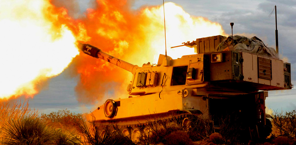 An M109 Paladin gun crew with 1st Field Artillery Regiment at Fort Bliss, Texas, fires into the mountains of Oro Grande Range Complex, N.M., Feb. 14, 2018. (U.S. Army photo)