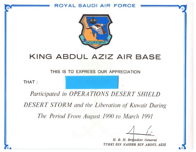 RSAF Certificate of Appreciation given to military aircraft technician (UK national) employed by BAE Systems, Dhahran, 1991. (name withheld)
