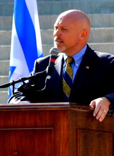 Rep. Alan Clemmons delivers an address from the steps of the South Carolina Statehouse in a speech given via satellite to the Restoring Courage rally in Jerusalem in 2011.