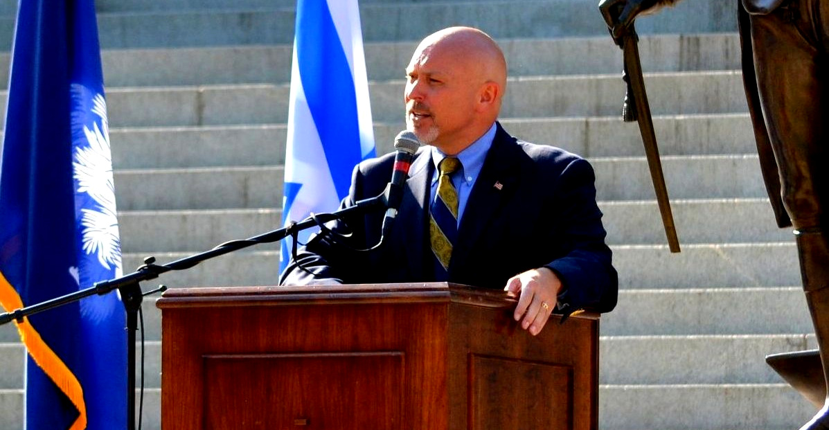 Rep. Alan Clemmons delivers an address from the steps of the South Carolina Statehouse in a speech given via satellite to the Restoring Courage rally in Jerusalem in 2011.