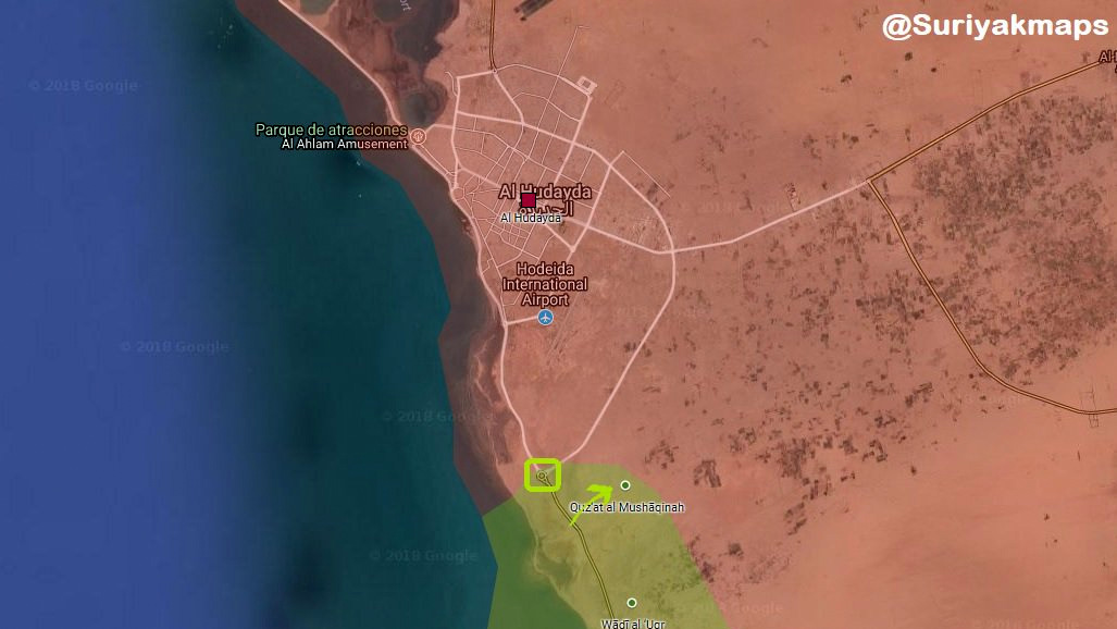 胡塞控制下的地区以红色显示，沙特联军以黄色显示。