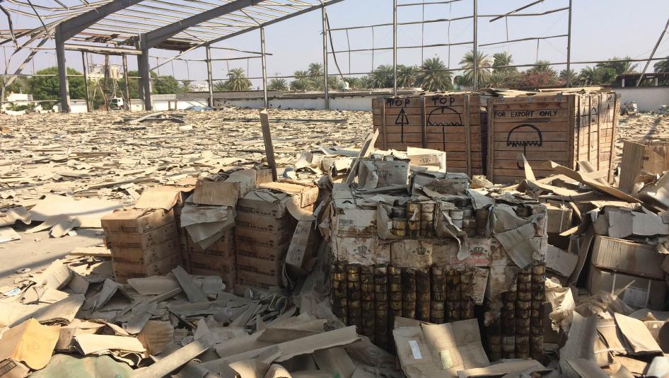 Goods, destroyed in a Saudi-coalition airstrike, sit in a damaged warehouse in Hodeida, Yemen. Kristine Beckerle | Human Rights Watch