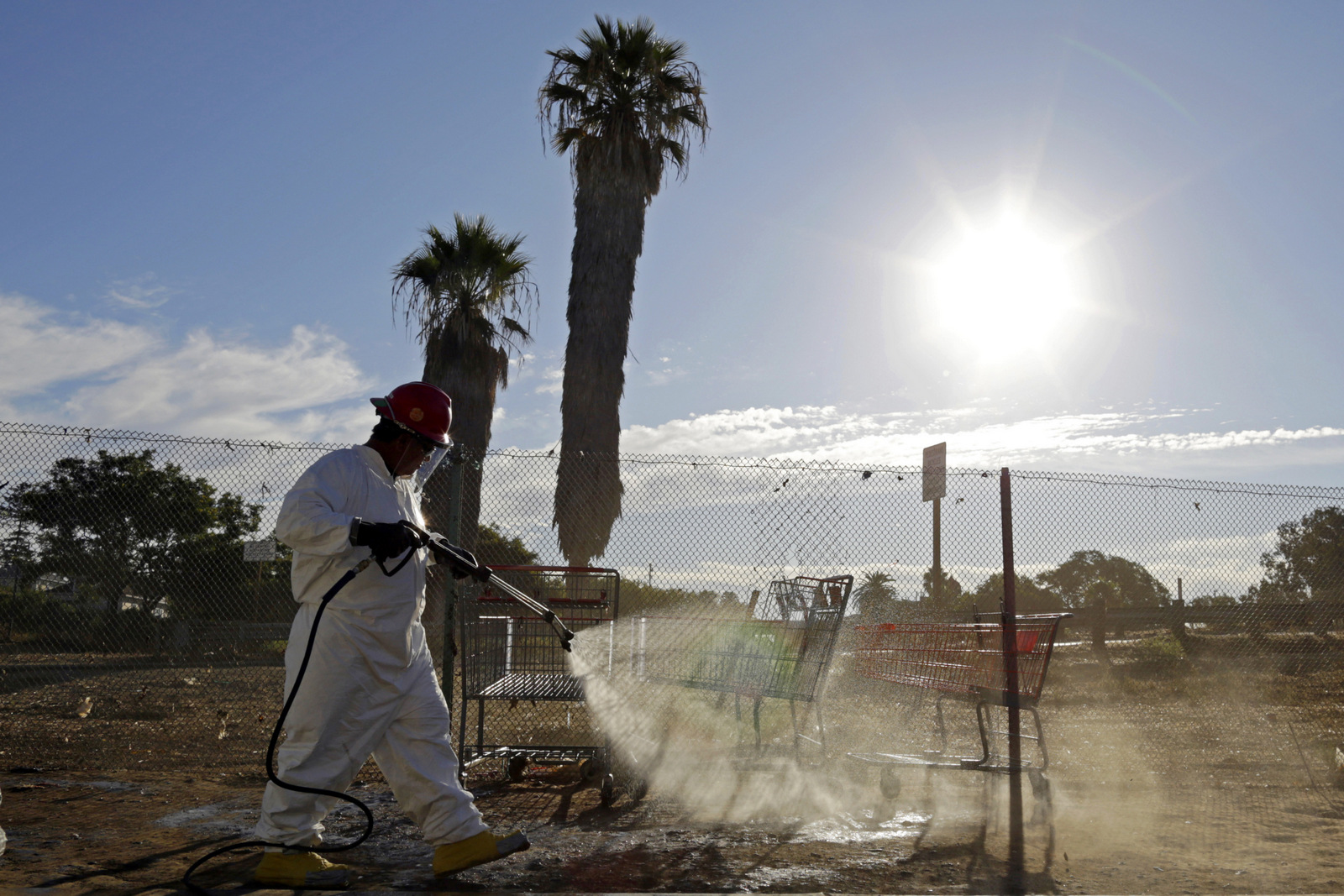A worker sprays a bleach solution on a sidewalk in downtown San Diego as part of an effort to control a deadly hepatitis A outbreak. The increased number of hepatitis cases in the homeless population, and the geographic spread of the disease led California to declare a state of emergency in October. Gregory Bull | AP