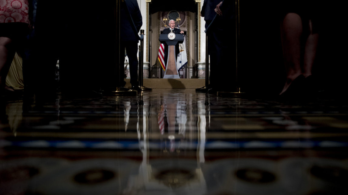 Vice President Mike Pence speaks at a reception for the Organization of American States in the Indian Treaty Room at the Eisenhower Executive Office Building on the White House complex in Washington, Monday, June 4, 2018, as the Trump administration renewed its call Monday for the Organization of American States to suspend Venezuela and for other members to step up pressure on the country's government to restore constitutional order. (AP Photo/Andrew Harnik)