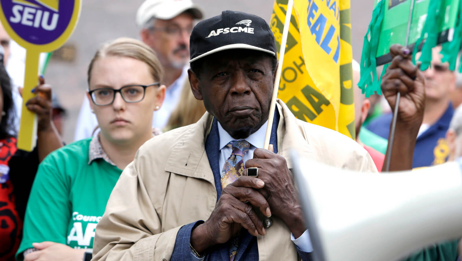 Henry Nicholas, president of the National Union of Hospital and Health Care Employees, attends a protest by Philadelphia Council AFL-CIO on Wednesday, June 27, 2018, in Philadelphia. The protesters denounced Wednesday's U.S. Supreme Court ruling that government workers can't be forced to contribute to labor unions that represent them in collective bargaining, dealing a serious financial blow to organized labor. Jacqueline Larma | AP
