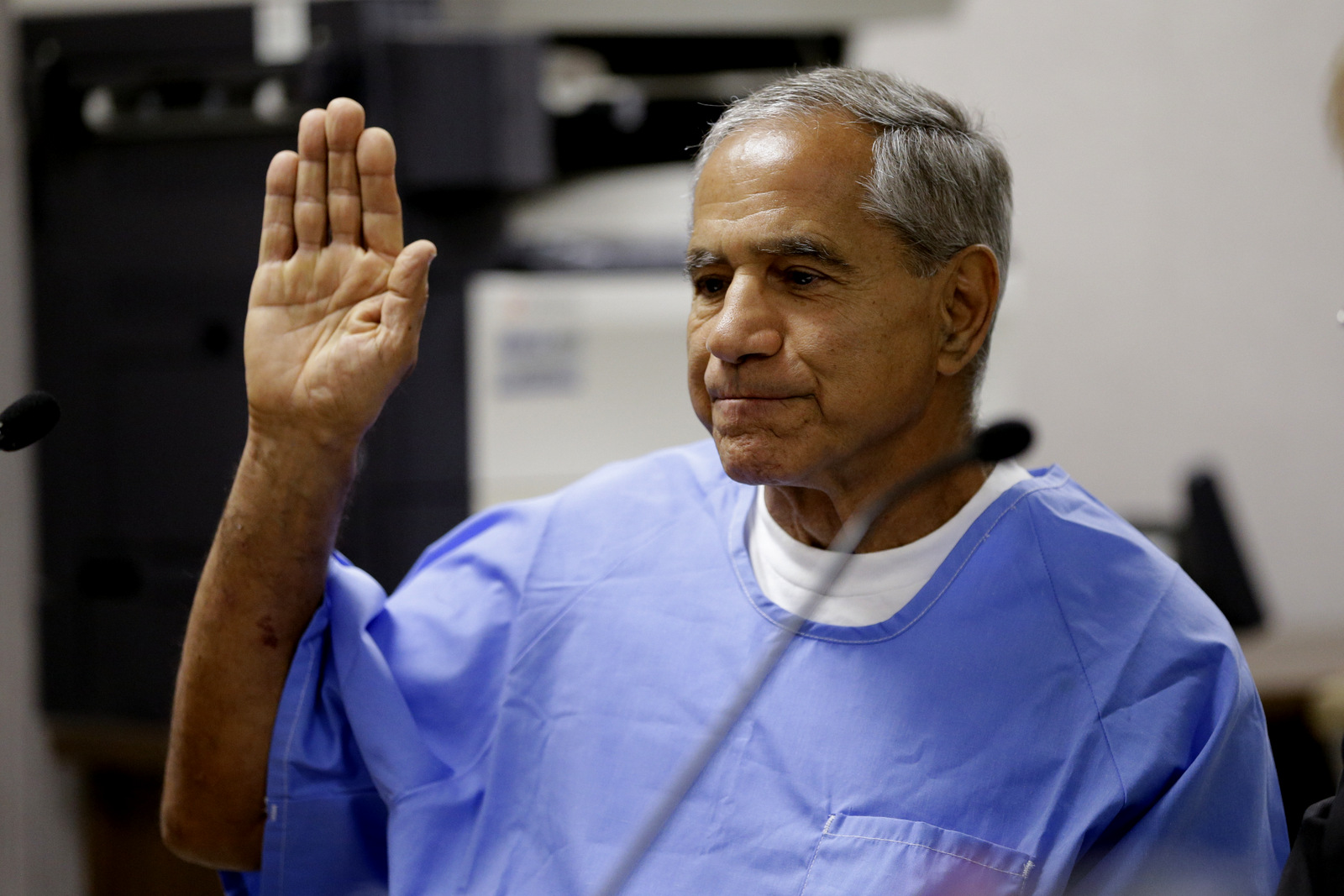 Sirhan Sirhan is sworn in during a parole hearing, Feb. 10, 2016, at the Richard J. Donovan Correctional Facility in San Diego. Gregory Bull | AP